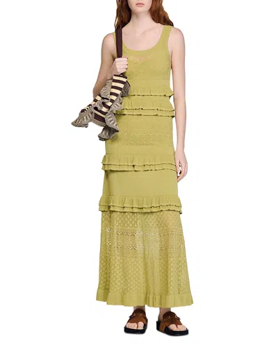 Sandro Ruffled Knit Maxi Dress In Green