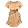 Sandro Ruffled Off-shoulder Mini Dress In Brown Cotton