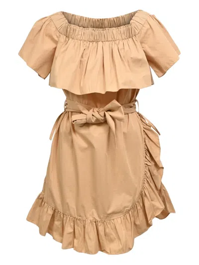 Pre-owned Sandro Ruffled Off-shoulder Mini Dress In Neutral