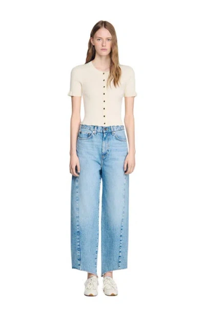Sandro Area Ruffled Rib Knit Cardigan In Transparent