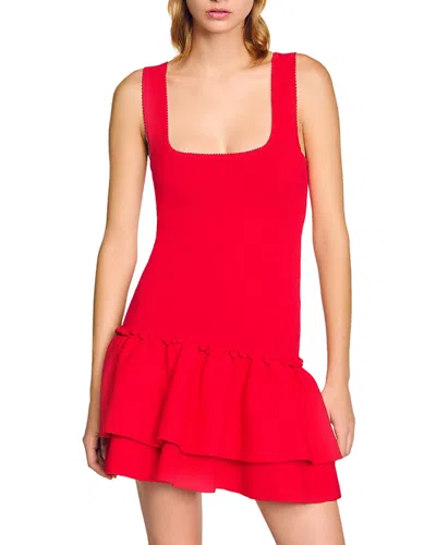 SANDRO RUFFLED SHORT KNIT DRESS