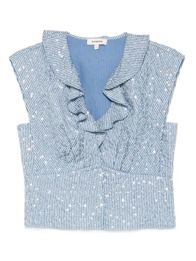 Sandro Ruffled Striped Top In Brown