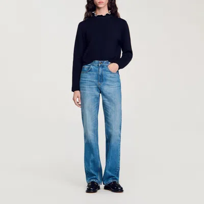 Sandro Ruffled-neck Sweater In Navy Blue