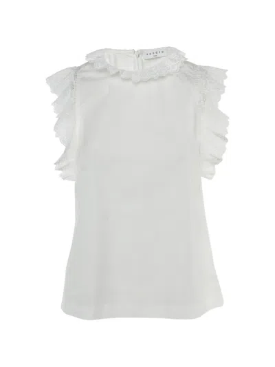 Pre-owned Sandro Ruffle-trim Cotton Blouse In White