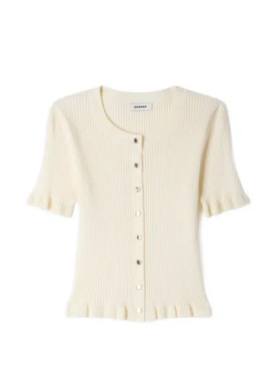 Sandro Ruffle-trim Ribbed-knit Cardigan In Multi