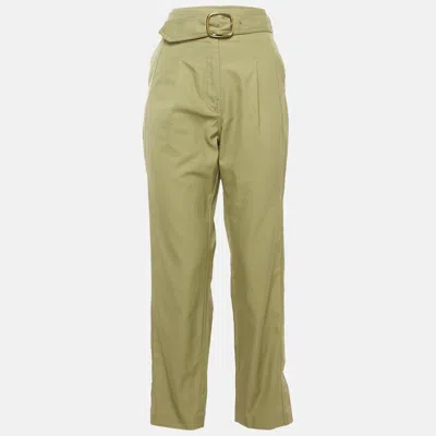 Sandro Sage Green Gabardine Cotton Belted High Rise Trousers