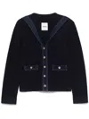 Sandro Womens Denim-trim Terry-knit Cotton-blend Cardigan Bleus In Blue