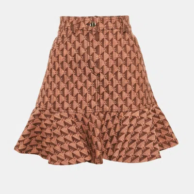 Pre-owned Sandro Salmon Pink Monogram Detail Denim Ruffled Hem Mini Skirt S