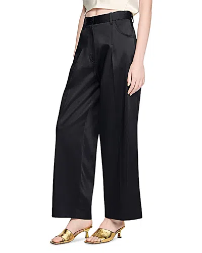 Sandro Satin Effect Wide Leg Trousers In Black
