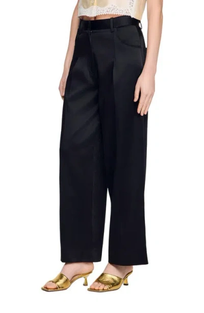 Sandro Satin-effect Wide-leg Trousers In Black