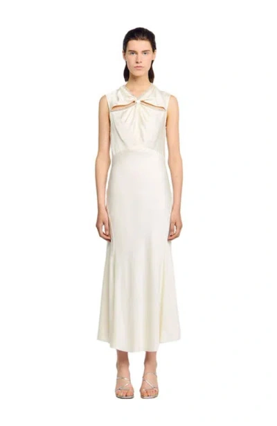 Sandro Satin Maxi Dress With Rhinestones In White