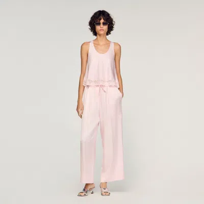 Sandro Satin Top With Lace In Pink