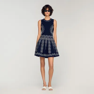 Sandro Womens Navy Blue Sleeveless Scarf-print Stretch-knit Mini Dress