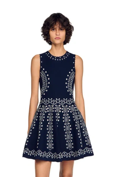 Sandro Capri Scarf Print Knit Short Dress In Blue