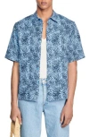 Sandro Sea Urchin Short Sleeve Lyocell & Linen Button-up Shirt In Blue