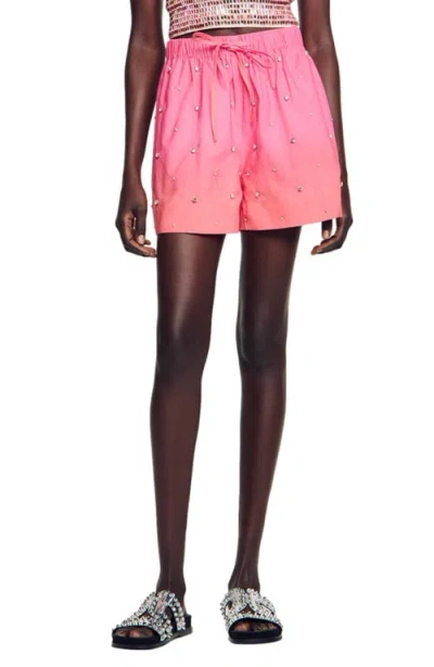 Sandro Womens Rhinestone-embellished Elasticated-waist Cotton Shorts Roses In Pink Orange