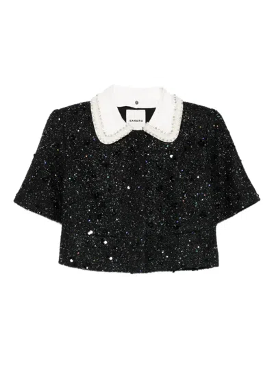 Sandro Sequin-embellished Cropped Jacket In Black