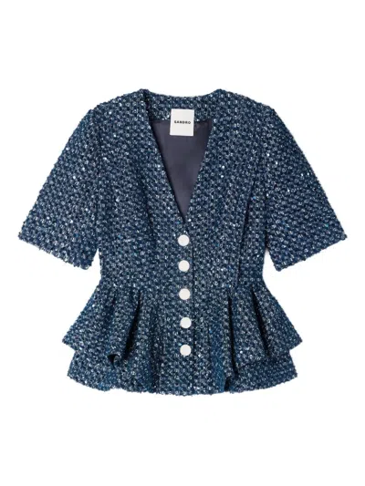 Sandro Sequin-embellished Short-sleeve Blazer In Blue
