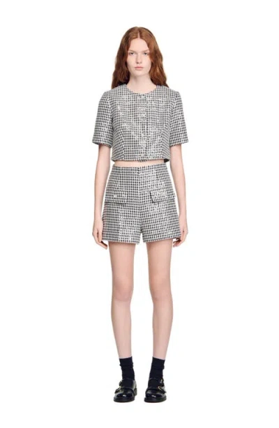 Sandro Paris Tweed Sequinned Houndstooth Shorts In Black