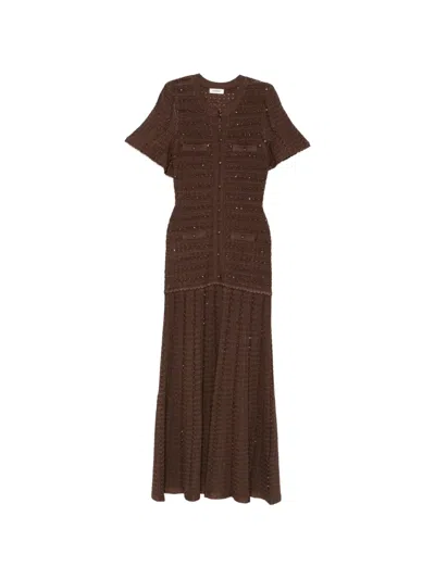 Sandro Sequin-embellished Knitted Maxi Dress In Brown