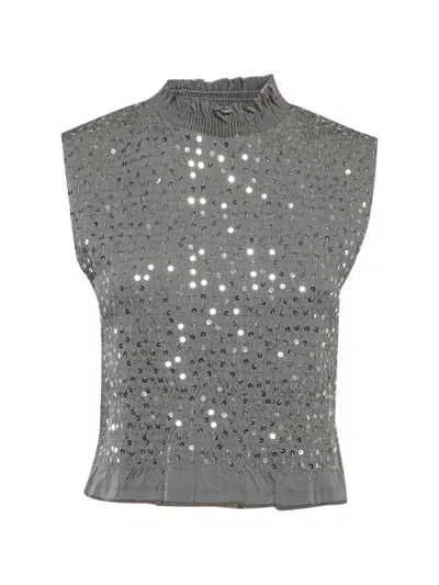 Pre-owned Sandro Sequin-embellished Smocked Top In Gray