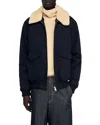 Sandro Shearling Collar Aviator Jacket In Blue