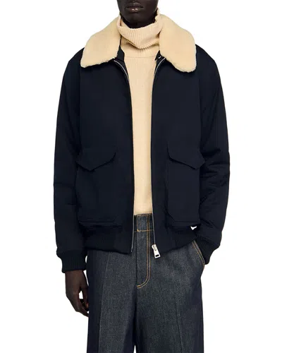 Sandro Shearling Collar Aviator Jacket In Blue