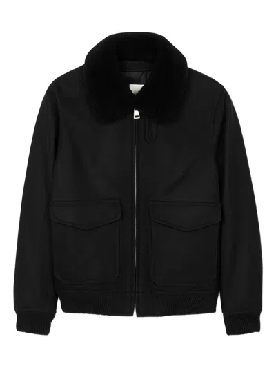 Sandro Mens Black Shearling-collar Wool-blend Aviator Jacket