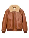 Sandro Shearling Collar Leather Jacket In Brown