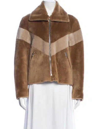 Pre-owned Sandro Shearling Colorblock Pattern Biker Jacket In Brown