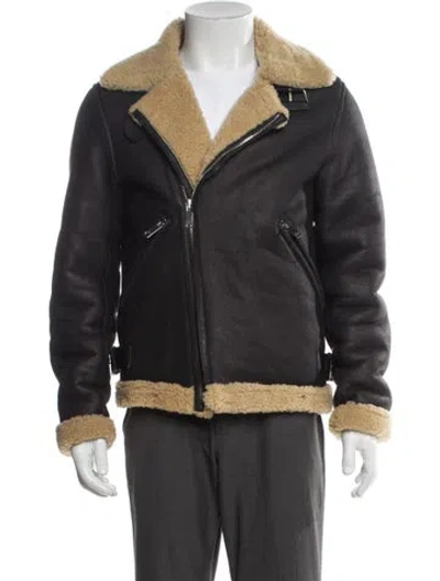 Pre-owned Sandro Shearling Colorblock Pattern Moto Jacket In Gray