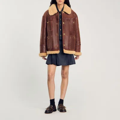 Sandro Shearling Jacket In Brown