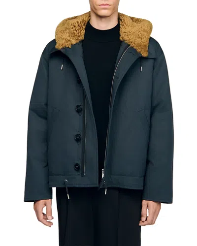 Sandro Shearling Trim Hooded Cotton Parka In Blue