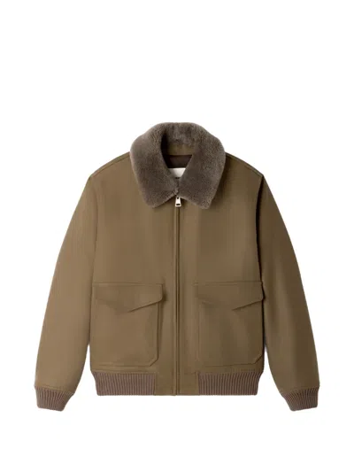 Sandro Shearling-collar Zip-up Bomber Jacket In Brown