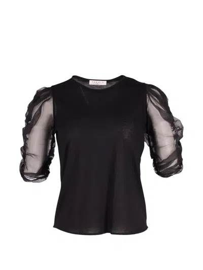 Pre-owned Sandro Sheer-sleeved Blouse In Black