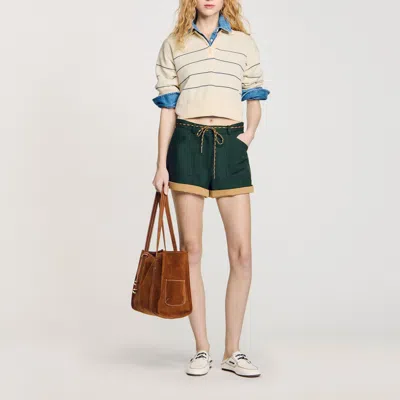 Sandro Short Bicolore À Ceinture Cordon In Green