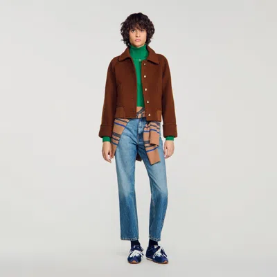Sandro Short Coat With Flap Pockets In Camel