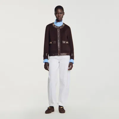 Sandro Short Coat With Leather Details In Brown
