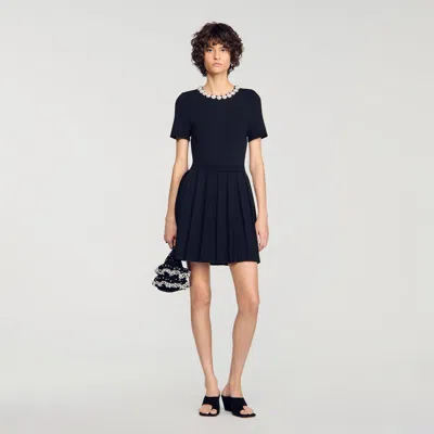 Sandro Short Dress With Beaded Flowers In Black
