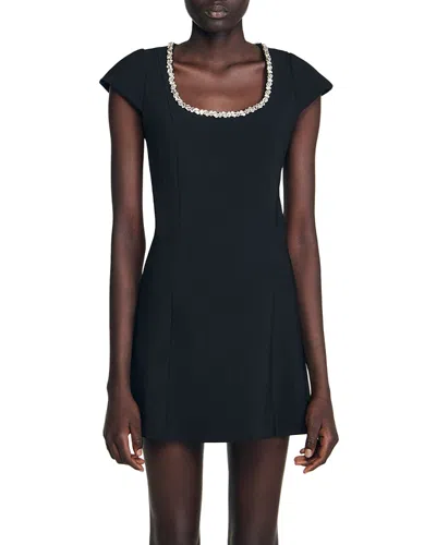 Sandro Short Dress With Rhinestone Collar In Black