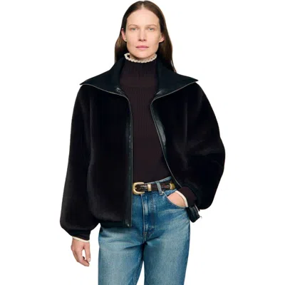 Sandro Short Faux Fur Coat In Brown
