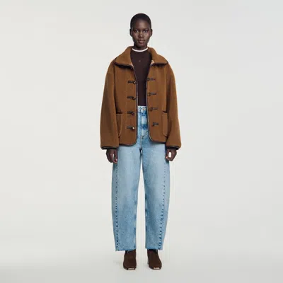 Sandro Short Faux Fur Coat In Brown