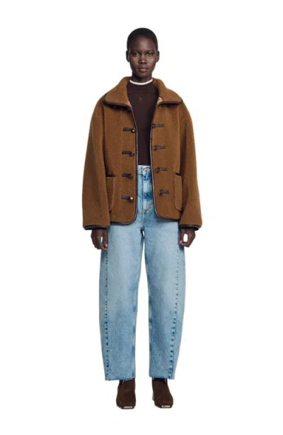Sandro Sulivan Leather Trim Faux Fur Jacket In Brown
