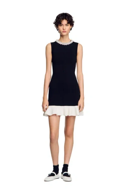 Sandro Short Knit Dress With Beaded Neck In Black/ecru