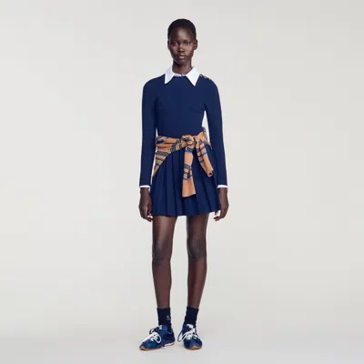 Sandro Short Knit Dress With Buttons In Navy Blue