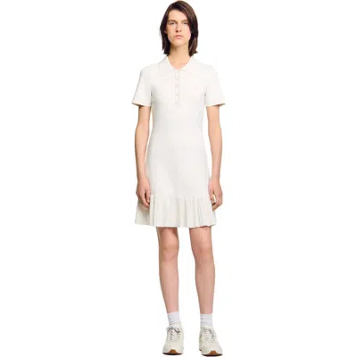 Sandro Short Knit Dress With Polo Neck In White