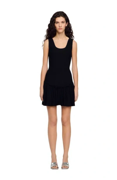 Sandro Short Knit Dress With Ruffle In Black