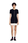 Sandro Short Knit Dress With Ruffle In Black/ecru