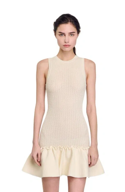 Sandro Knitted Ruffle-trim Mini Dress In Naturels