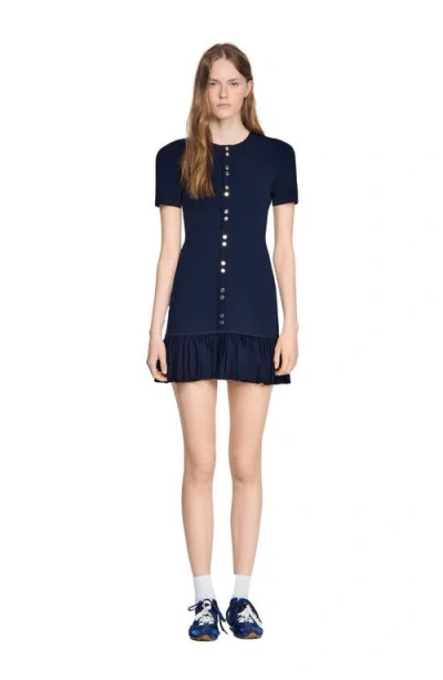 Sandro Keira Ruffled Short Knit Dress In Blue